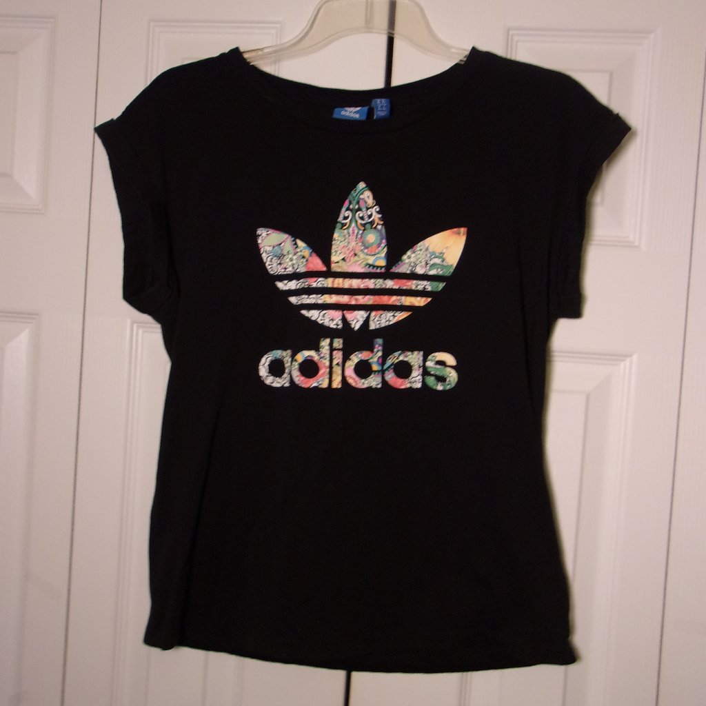 Adidas Womens' T-Shirt Black W/Coloful Trefoil And Adidas Logo, M